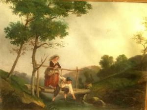 Coppia di dipinti scene contadine e paesaggi con corsi d'acqua scuola napoletana del XIX° sec. oilo su tela cm.37x28